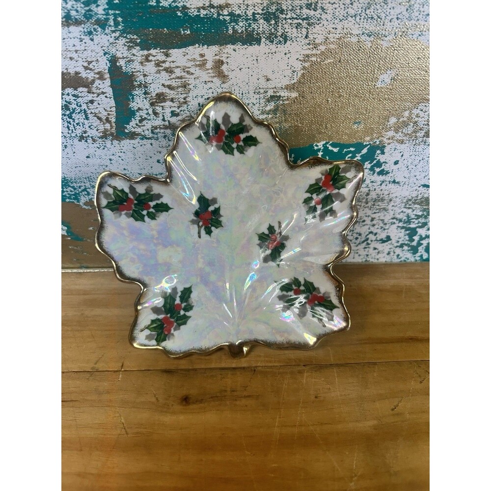 VTG Ucagco Japan Iridescent Holly Berry Leaf Shape Christmas Small Candy Dish